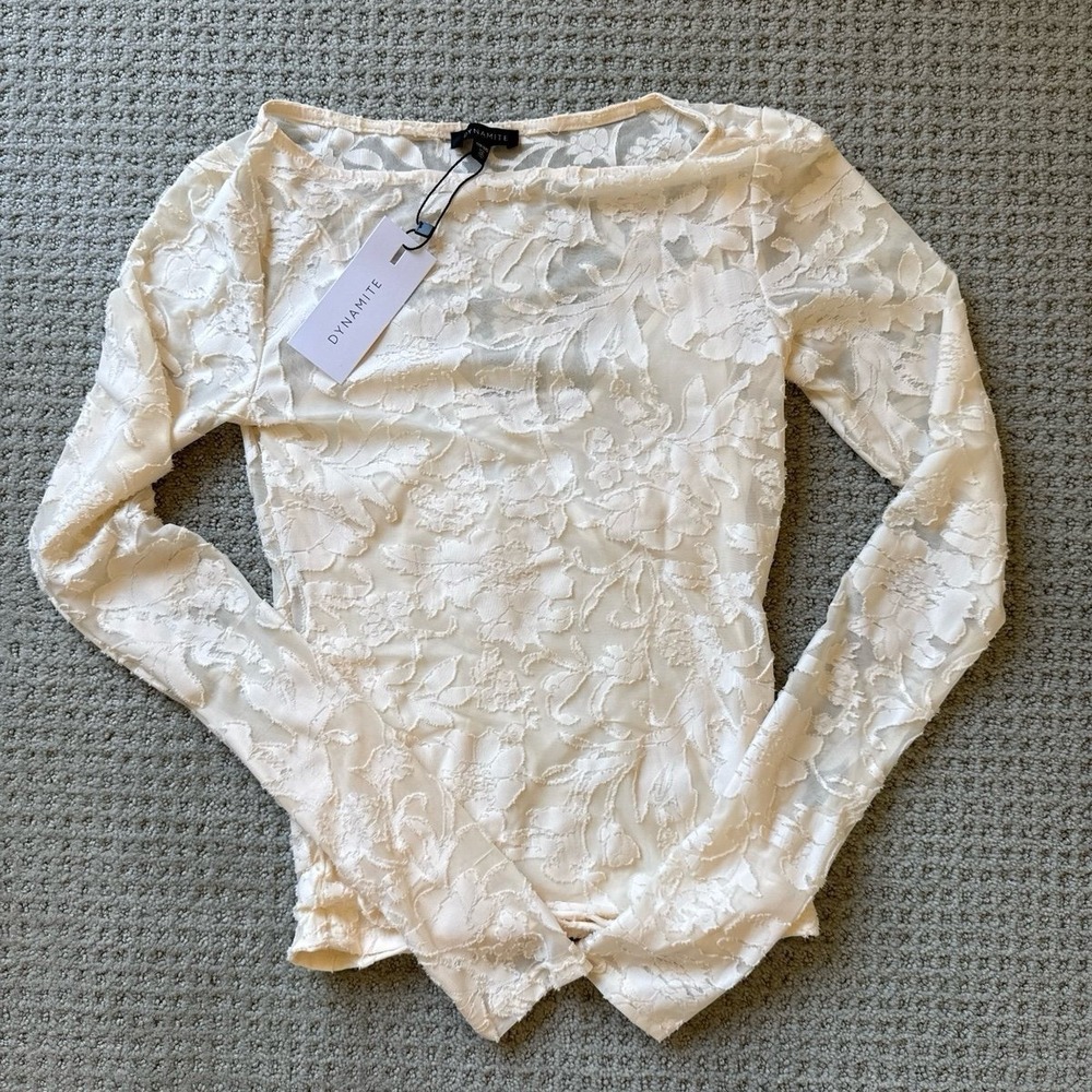 Dynamite Ivory Floral Lace Long Sleeve Top NWT Cream Wide Neck XXS 100102830